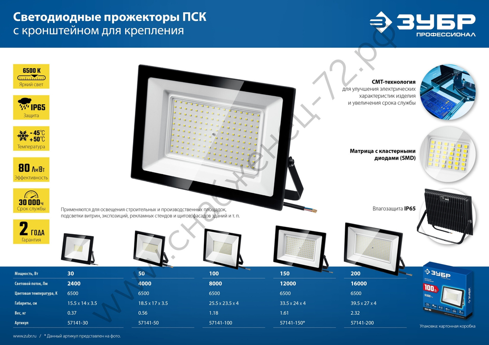 ЗУБР ПСК-30 30 Вт, 6500К IP65 Светодиодный прожектор Профессионал, (57141-30)