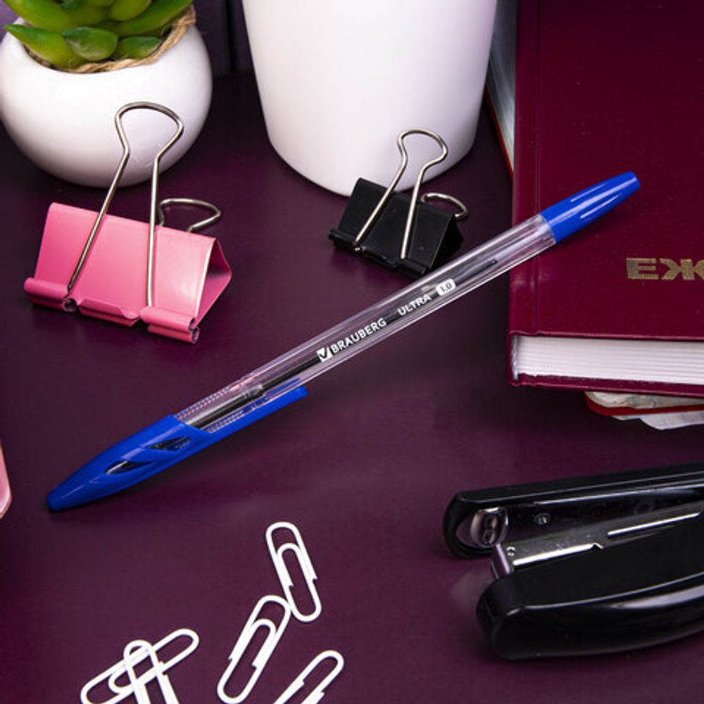 Ручки шариковые BRAUBERG "ULTRA", СИНИЕ, НАБОР 10 штук, корпус прозрачный, узел 1 мм, 143570