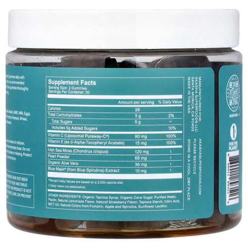 Akasha Superfoods, Glow, порошок из морского мха и жемчуга, со вкусом клубничного лимонада, 60 жевательных таблеток