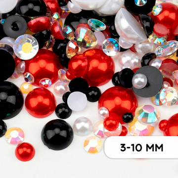 Набор декоративного полужемчуга и страз “Red-Black-Pearl White-Crystal AB-Matte White”