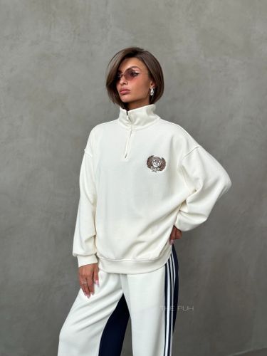 Молочный хлопковый свитшот с воротом на молнии