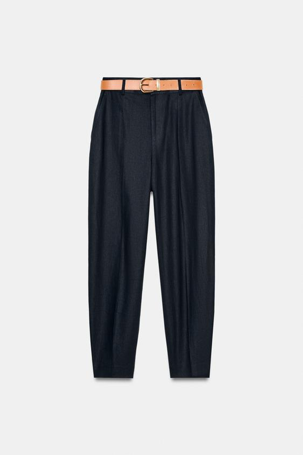 ZARA БРЮКИ ИЗ ЛЬНА С ЗАЩИПАМИ И РЕМНЕМ, МОРСКОЙ СИНИЙ