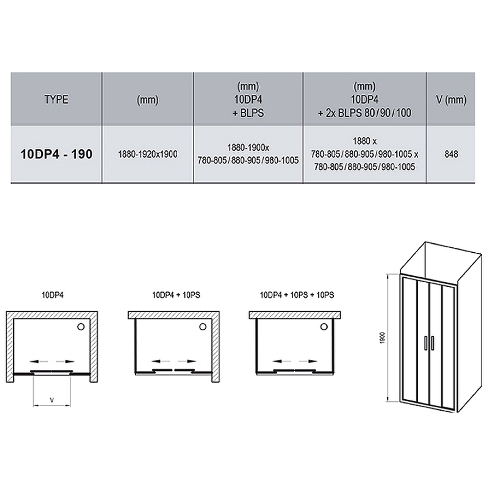Душевая дверь Ravak 10° 10DP4 190 0ZKL0C00Z1 профиль Хром стекло Transparent