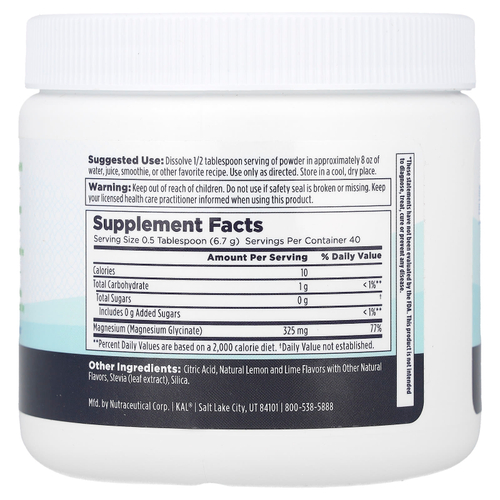 KAL, Успокаивающий магний в порошке, лимон и лайм, 270 г (9,5 унции)