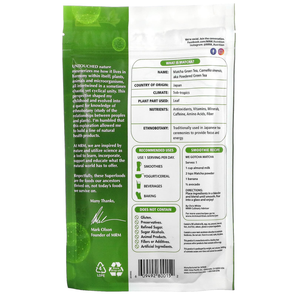 MRM Nutrition, Зеленый чай матча в порошке, 170 г (6 унций)
