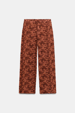 ZARA БРЮКИ ПРЯМОГО КРОЯ С ВЫШИВКОЙ, ЧЕРЕПИЧНЫЙ