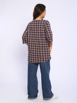 Рубашка оверсайз удлиненная хлопок 109- 305-2, Бежевый/Клетка