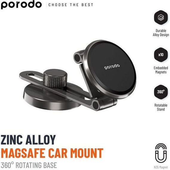 Автомобильный магнитный держатель Porodo с двойным складыванием и двойным поворотом (PD-MGCRMFR-BK) черный