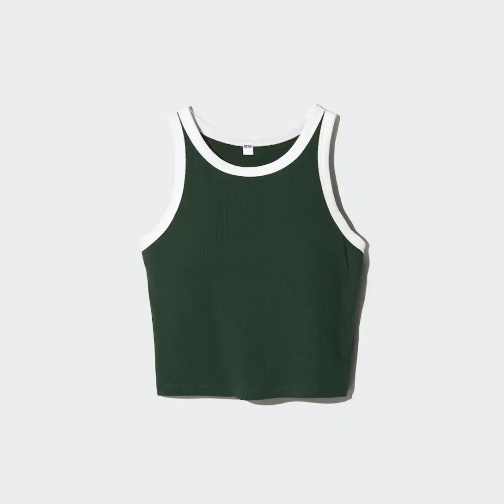 UNIQLO УКОРОЧЕННЫЙ ТОП-БЮСТГАЛЬТЕР БЕЗ РУКАВОВ В РУБЧИК, ТЕМНО-ЗЕЛЕНЫЙ
