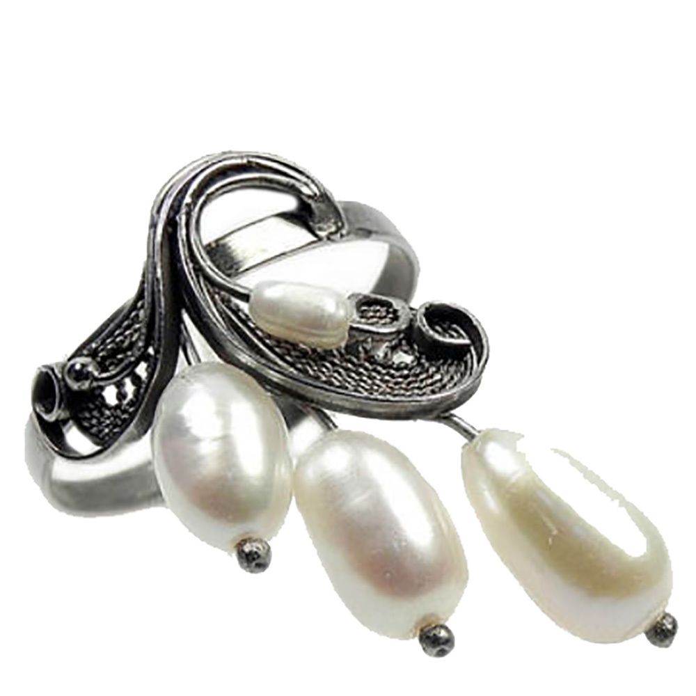 Кольцо "Гроздь" жемчуг белый, скань