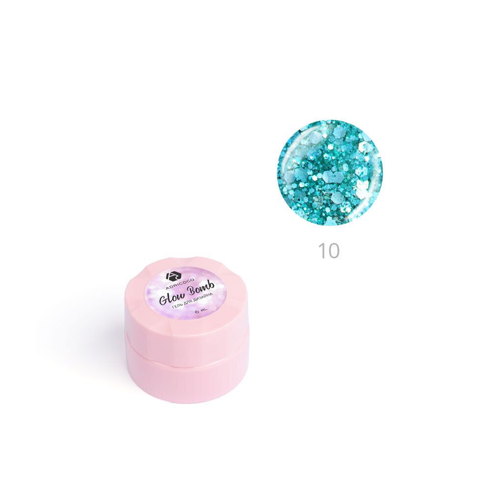 Гель для дизайна ногтей ADRICOCO Glow Bomb №10 &quot;Сверкающая бирюза&quot; (6 мл.)