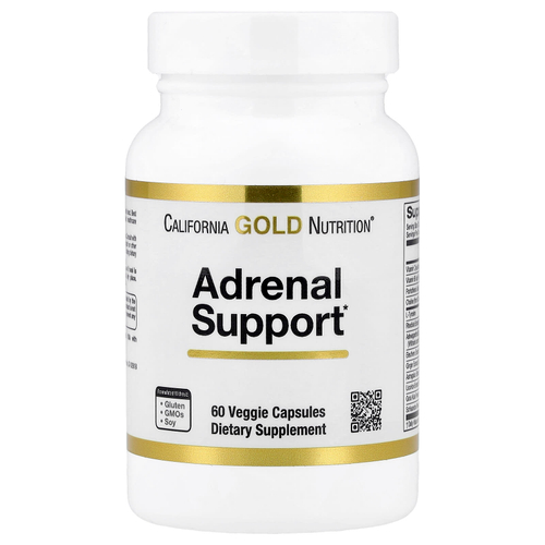 California Gold Nutrition, добавка для поддержки надпочечников, с L-тирозином, экстрактами родиолы, ашваганды и элеутерококка, 60 вегетарианских капсул