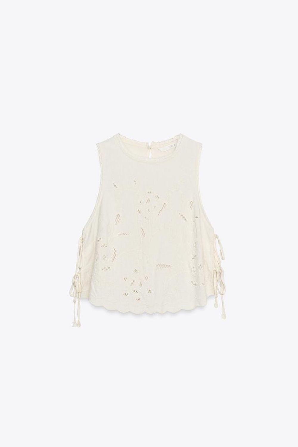 ZARA ТОП С ВЫШИВКОЙ И ЗАВЯЗКАМИ, БЕЛЫЙ