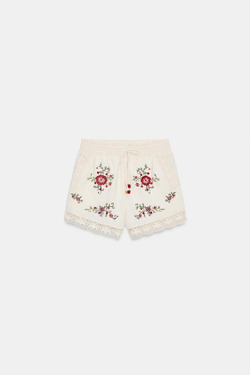 ZARA ШОРТЫ С ВЫШИВКОЙ ЦВЕТОВ, ЭКРЮ