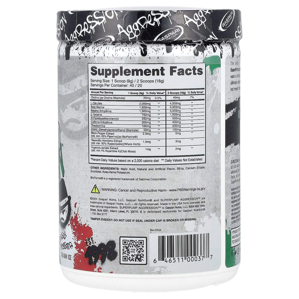 Gaspari Nutrition, SuperPump Aggression ™, перед тренировкой, со вкусом итальянского льда, джерси, 360 г