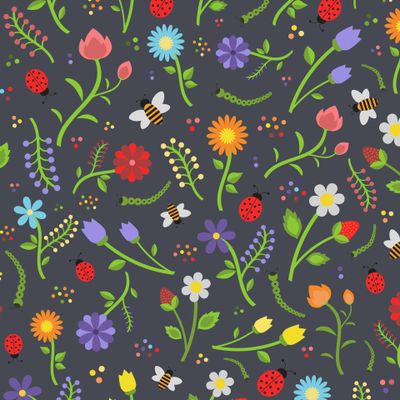 Seamless floral pattern with summer flowers and insects/ Летний узор с цветами и насекомыми