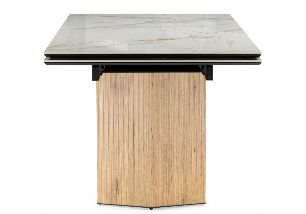 Керамический стол Woodville Монерон 180(240)x90 calacatta gold, дуб монтана