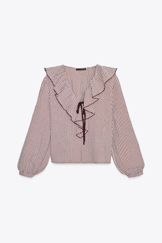 ZARA БЛУЗА В КЛЕТКУ ВИШИ С ВОЛАНАМИ, БОРДОВЫЙ/ЭКРЮ