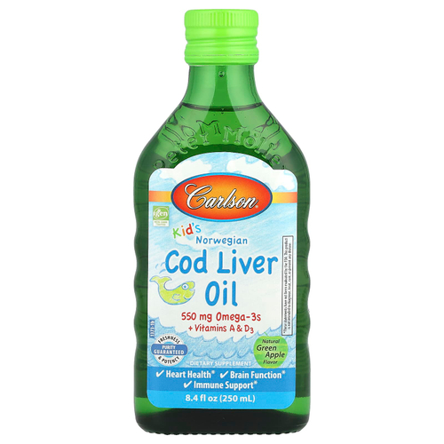 Carlson, жир из печени норвежской трески для детей, натуральное зелёное яблоко, 250 мл (8,4 жидк. унции)