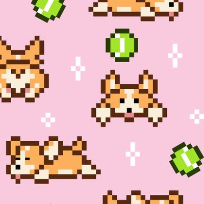 Пиксельные корги с мячом на розовом фоне