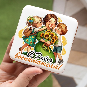 Пряник квадратный на День дошкольного работника (обнимашки и подсолнухи)