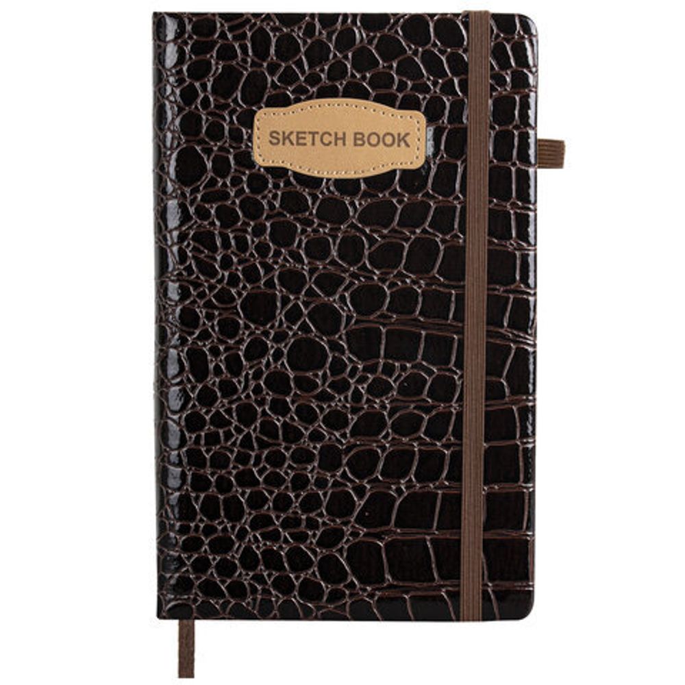 Скетчбук, слоновая кость 140 г/м2, 130х210 мм, 80 л., КОЖЗАМ, резинка, BRAUBERG ART CLASSIC, CROCO, коричневый, 116471