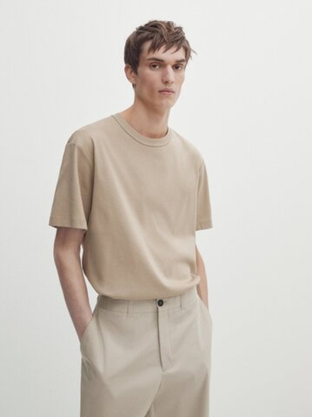 MASSIMO DUTTI Хлопковая футболка с короткими рукавами - Studio, бежевый