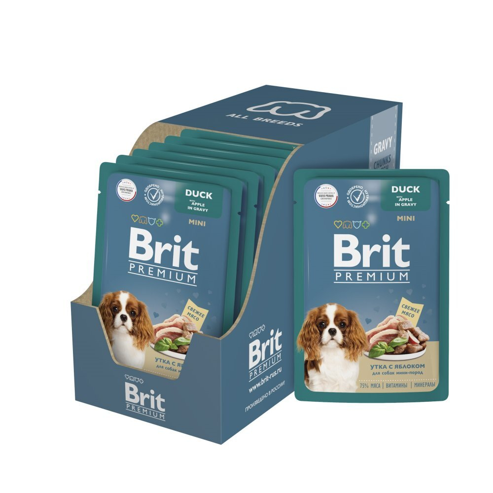 Влажный корм BRIT PREMIUM пауч для взрослых собак мини пород, утка с яблоком в соусе 85г