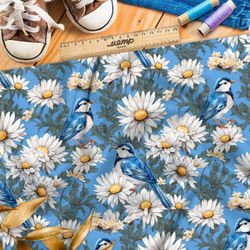 Ткань премиум шелк искусственный Армани птицы в ромашках на голубом