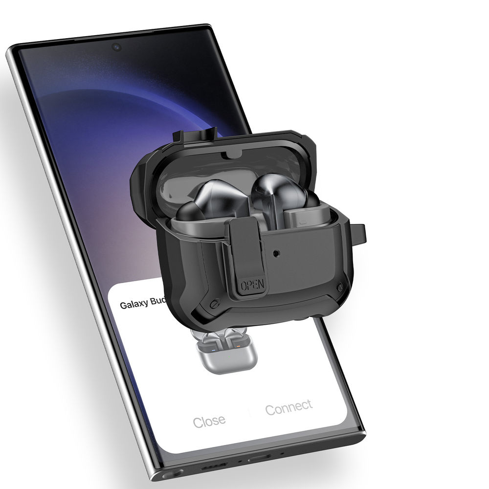 Усиленный чехол черного цвета от Dux Ducis для наушников Samsung Buds 3 и Buds 3 Pro, серия SECH Series Case, в комплекте с карабином