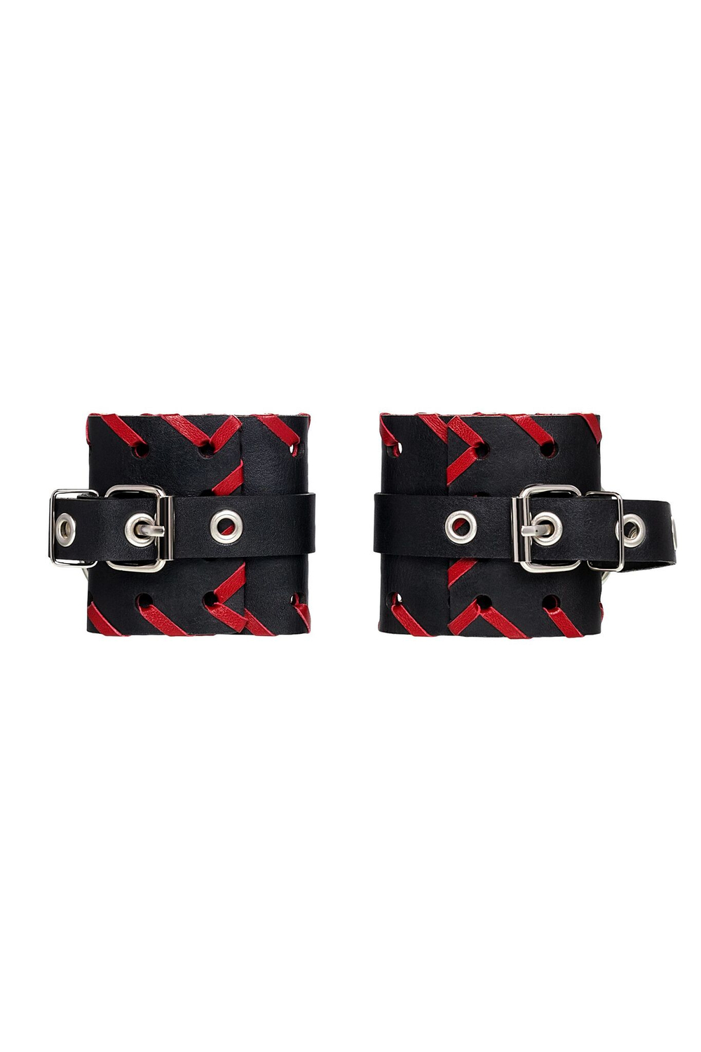 Черно-красные наручники из натуральной кожи (Цвет: черный с красным)