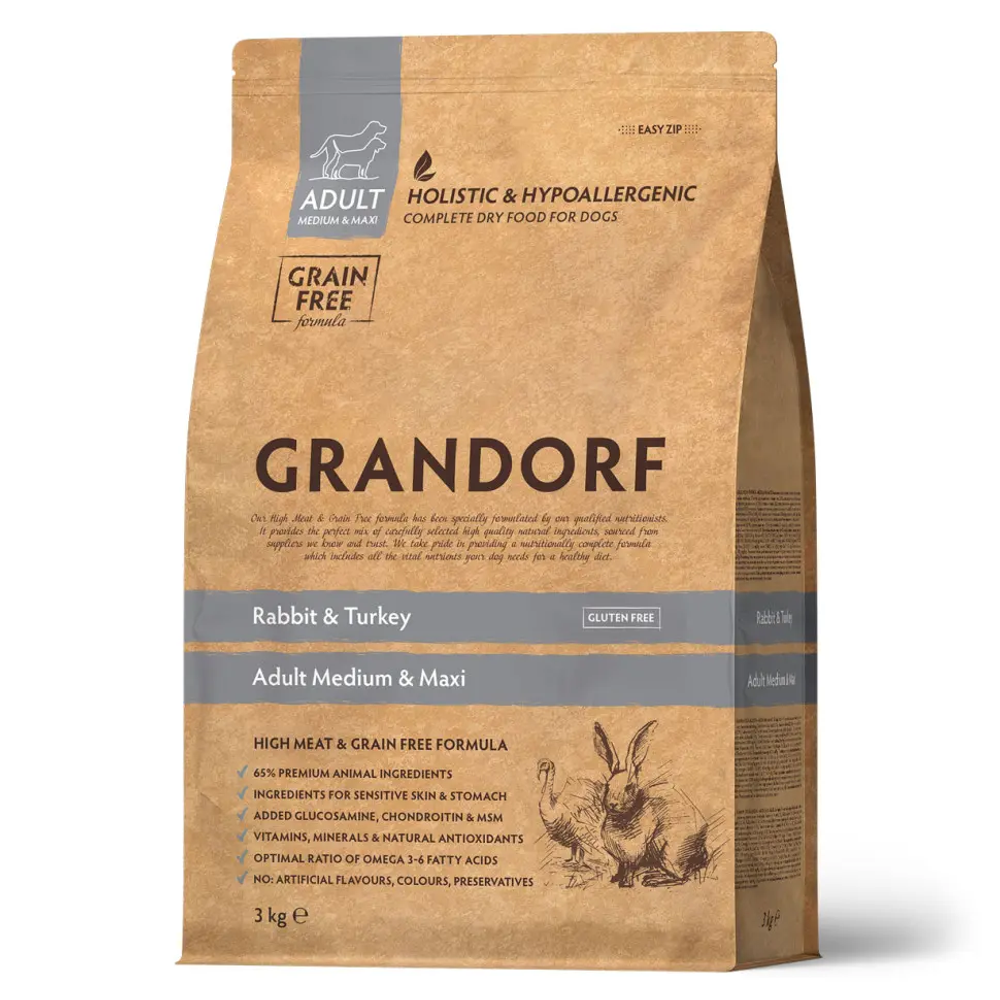 Сухой корм Grandorf Dog Rabbit&Turkey MED&MAXI, для собак средних/крупных пород, кролик/индейка 3кг