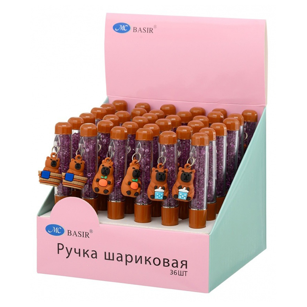 Ручка шариковая, автоматическая, Basir, синие чернила, серия "Капибара", с поворотным механизмом и стразами, 36 шт