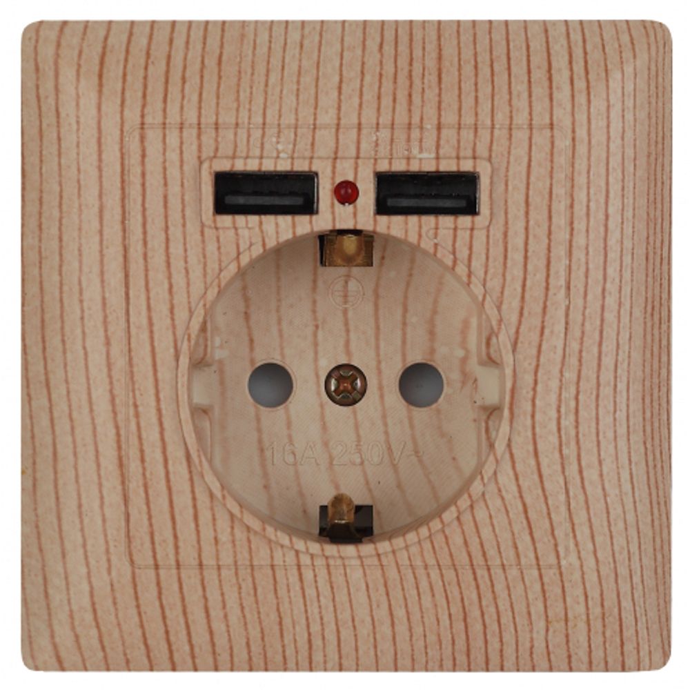 Розетка Intro Solo 4-410-11 с заземлением P+E Schuko со шторками, 16А-250В + 2хUSB, IP20, СУ, сосна