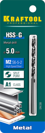 KRAFTOOL HSS-G, 5.0 х 86 мм, сталь P6M5, сверло по металлу (29651-5)
