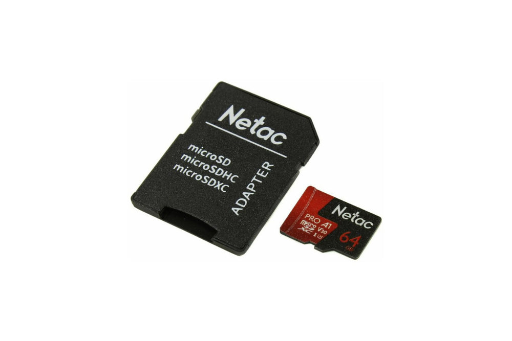 Карта памяти Netac MicroSD P500 Extreme Pro Class 10 UHS-I A1 V30 (100 Mb/s) + SD адаптер, 64GB