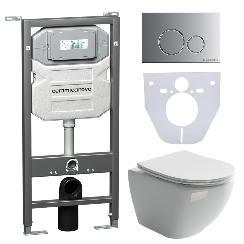 Комплект подвесной безободковый унитаз Ceramica Nova Metropol Rimless CN4002 с микролифтом + система инсталляции Envision CN1001M с кнопкой смыва Round хром матовый и шумоизоляционной панелью
