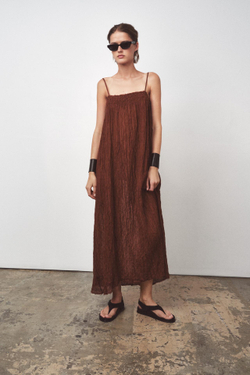 ZARA ДЛИННОЕ ПЛАТЬЕ ИЗ СМЕСОВОЙ ТКАНИ РАМИ — ZW COLLECTION, КОРИЧНЕВЫЙ