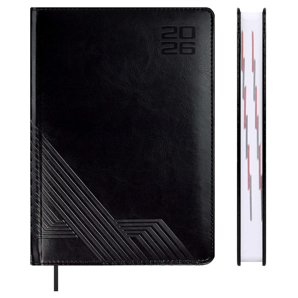 Ежедневник датированный 2026 ESCALADA, А5, 176 л., арт. 70218/ 15 САРИФ ЧЁРНЫЙ (кожзам: 146x211 мм, твёрдый переплёт с поролоном, материал обложки: искусственная кожа "Сариф"; декор: блинтовое тиснение; способ крепления блока: ниткошвейный; вн. блок: