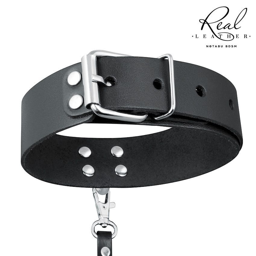 Черный кожаный ошейник с ремешком (Цвет: черный)