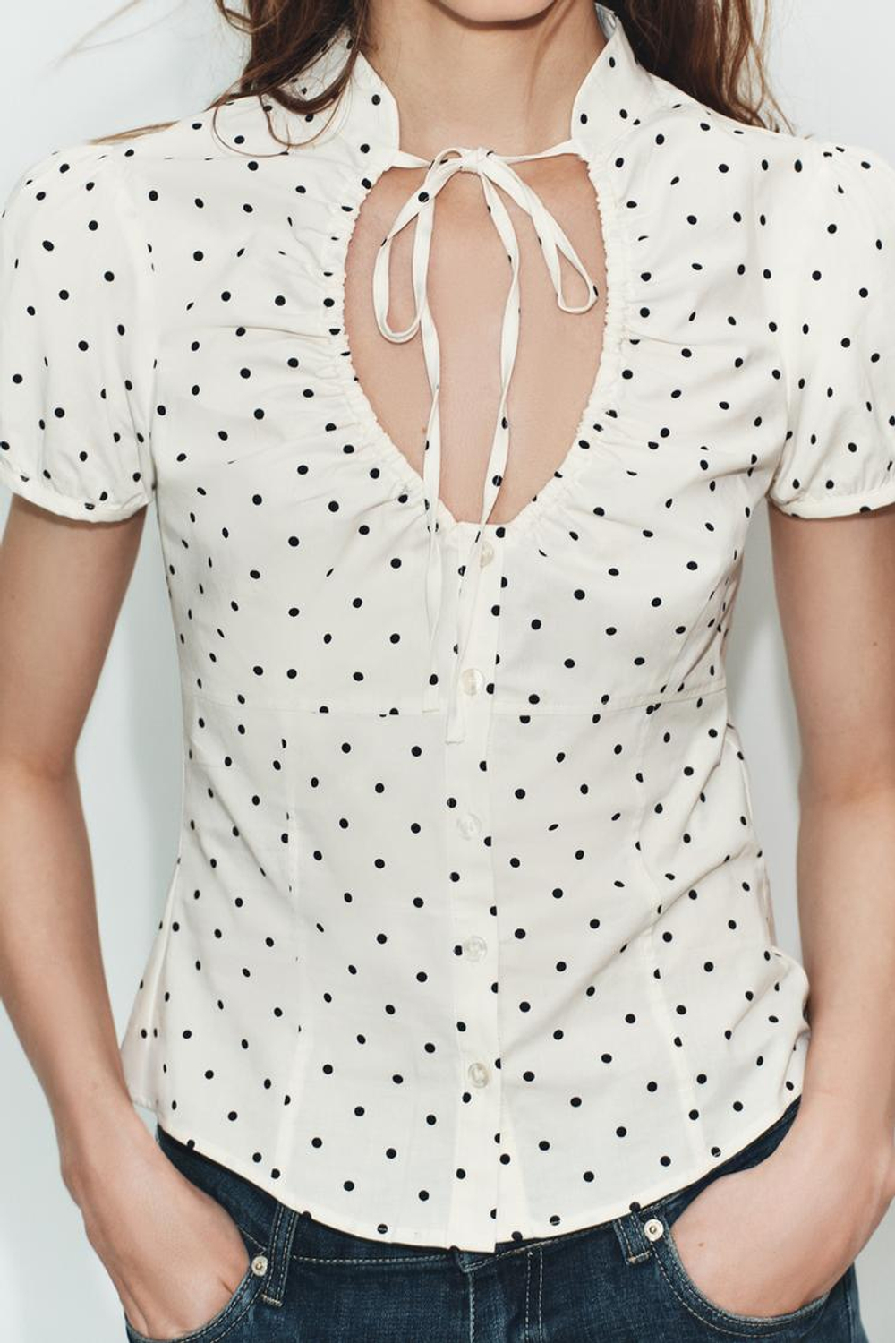 ZARA ТОП ИЗ ПОПЛИНА С ЗАВЯЗКАМИ, ЭКРЮ/ЧЕРНЫЙ