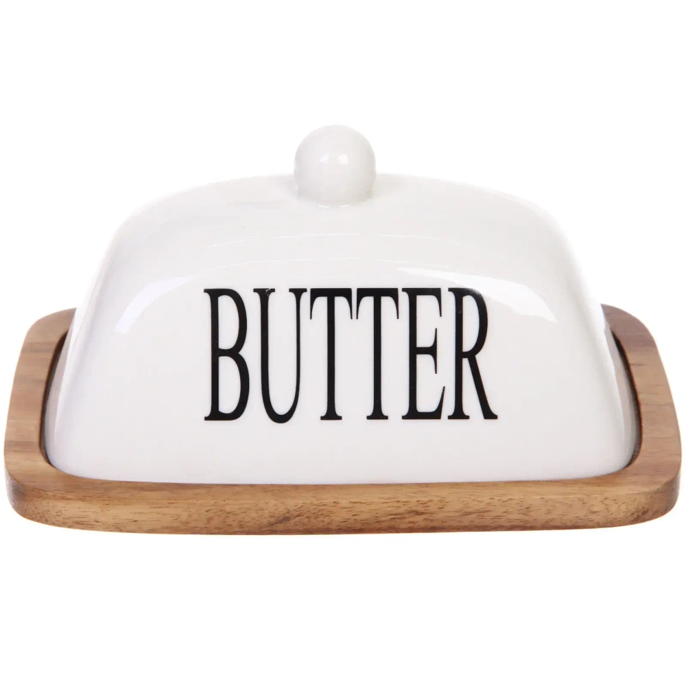 Масленка деревянная «White magic» 18*11,5*7см с крышкой из керамики, белая