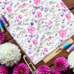 Ткань блэкаут розовые цветы и колокольчики на белом фоне