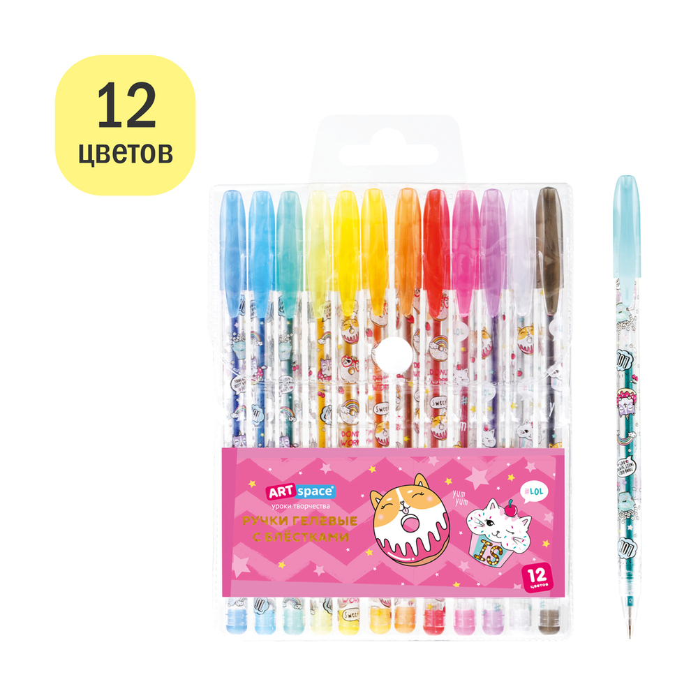 Набор гелевых ручек ArtSpace "Кот-сластена" 12цв., 1,0мм, с блестками, ПВХ чехол