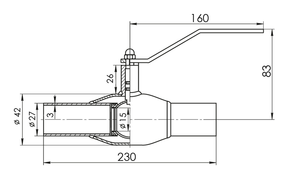 Кран шаровый Temper Ду20 Ру40 стандартнопроходной тип 282 приварной, ст. 20, L=230 мм