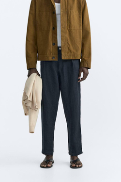 ZARA БРЮКИ ИЗ 100% ЛЬНА, МОРСКОЙ СИНИЙ