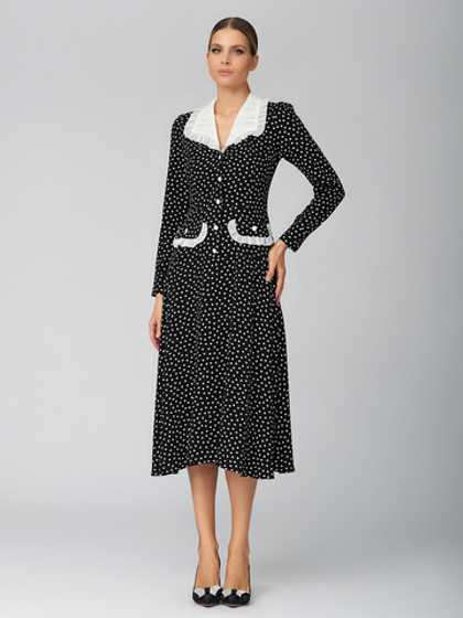 Платье миди с белым воротником в горох