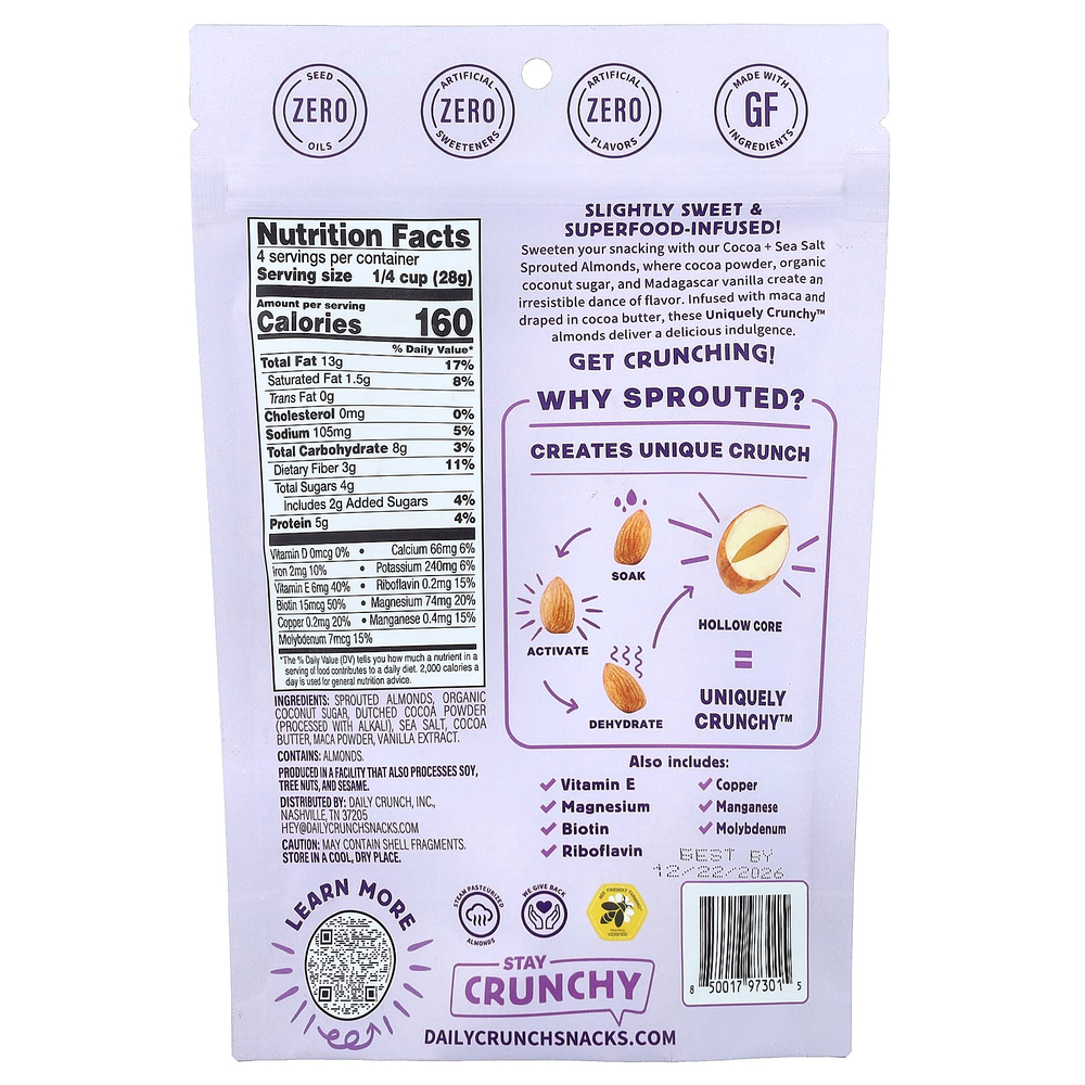 Daily Crunch, пророщенный миндаль, какао и морская соль, 114 г (4 унции)