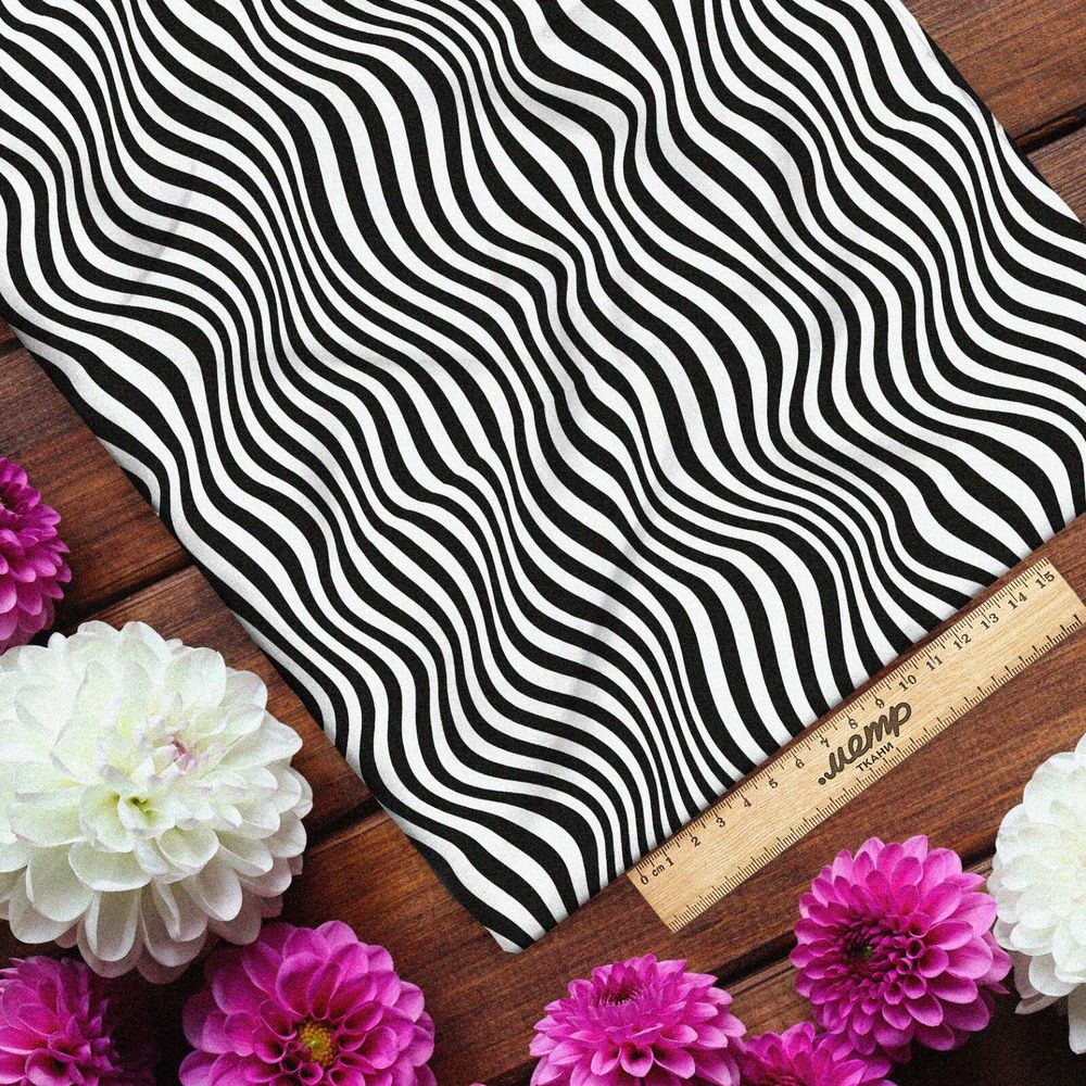 Ткань поплин волны чёрно-белые