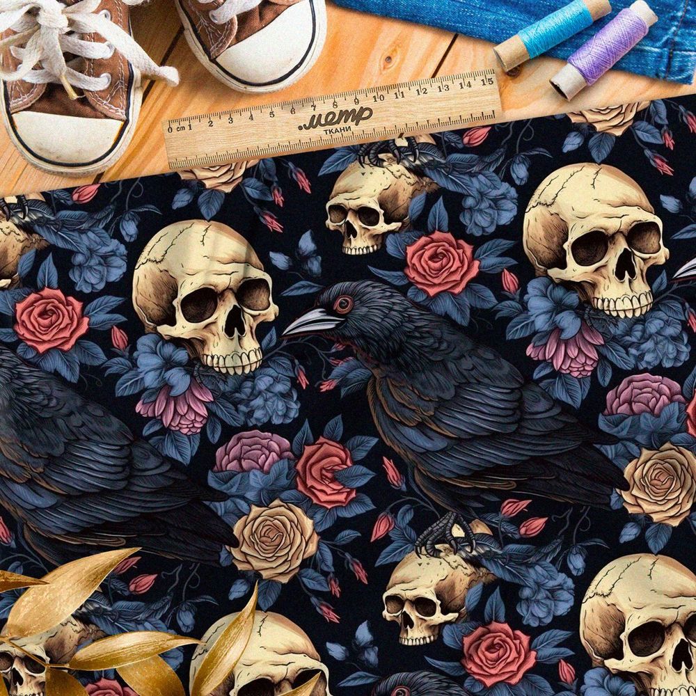Ткань премиум дюспо мрачные черепа с птицами